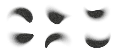 Six abstract shapes with stipple texture against plain white background, creating visual noise and fluid effects. vector