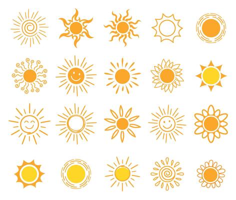 Set of doodle sun icons with hand-drawn rays. Scribble-style yellow sun symbols inspired by children drawings. Fun burst and hot weather elements. Illustration on white background.