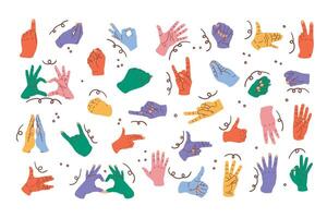 Colorful Hand gestures set. Signs, expression pointing finger, clenched fist, greeting palms, OK vector