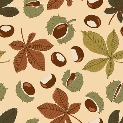 horse chestnut seeds leaves autumn seamless pattern. Fall ornament for fabric, wrapping