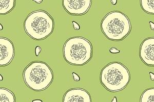 Seamless pattern of round cucumber slices on a green background in doodle style. background for banners about healthy eating, for packaging cosmetics, spas, kitchens, clothes. vector