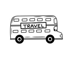 Illustration of a tourist bus with many windows and round headlights.The picture shows a simple black and white double-decker bus on a white background. vector