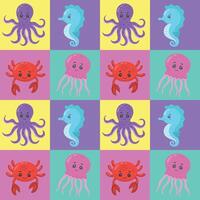 Seamless marine-themed pattern featuring octopuses, seahorses, fish and jellyfish. illustration consisting of handmade mosaic blocks. Marine flora and fauna. illustration vector