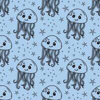 Seamless pattern with jellyfish and starfish. Characters in a kawaii style. contour elements on a blue background. Sea pattern. vector