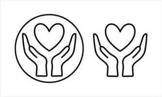A set of Heart icons in your hand. Hands holding the heart icon. A love icon. A symbol of health, medicine. Medical hands holding the heart in a flat and linear style - Stock image. vector