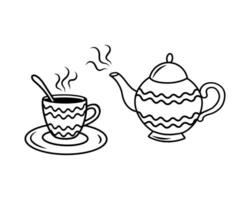 The illustration shows a teacup with a saucer and a teapot.A teapot with a cup on a saucer. Black and white illustration of a cup and teapot vector