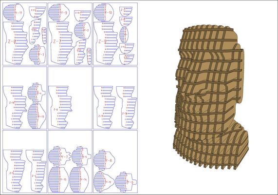 3D Cardboard Head Sculpture Moai face Puzzle cnc laser cutting 3 mm