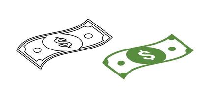 A pair of stylized dollar bill icons are shown one in black outline and the other in green fill. Both feature a prominent dollar sign. vector