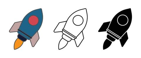 Three rocket ship illustrations color outline and silhouette vector