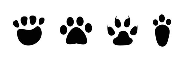 Four distinct black silhouettes of animal paw prints and footprints are displayed against a white background. They represent different species. vector