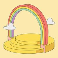 A cartoon illustration of a yellow tiered platform with a rainbow arch and two fluffy white clouds vector