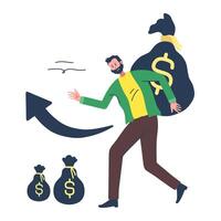 illustration of a man carrying a sack of money with a rising financial chart. symbol of wealth and success vector