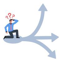 illustration of a confused man at a crossroads between career choices or decisions.question mark symbol on head vector