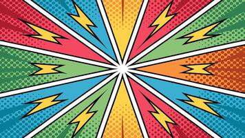 Colorful comic book style burst background featuring halftone patterns and dynamic lightning bolts effect vector