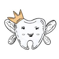 Cute tooth fairy in doodle style on isolated white background. vector