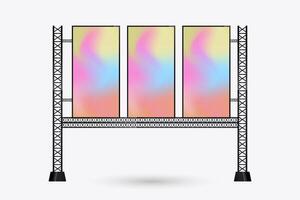 The hanging three LED columns Mockup crossing the street for long, and three realistic LED screens light box. the Illuminated technology long screen cross the road for advertising vector