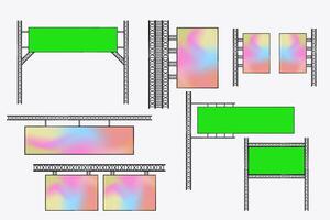 Collection of Hanging LED Screens Mockup cross the street for long realistic screen light box. Set of Illuminated technology long screens cross the road for advertising lightbox vector