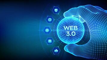 Web 3.0. New generation of the Internet abstract concept. Block chain decentralized technology. Digital communication, AI and virtual technology. Hexagonal grid sphere in wireframe hand vector