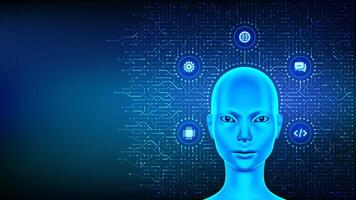 AI chatbot, artificial intelligence assistant technology concept. Smart virtual assistant application. AI-powered chatbot. Cyborg woman head on circuit board pattern background. vector