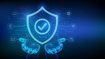 Security shield. Cyber security. Protection shield with Check mark icon in wireframe hands. Cyber data protection. Information privacy idea. Circuit board pattern. PCB printed circuit texture. . vector