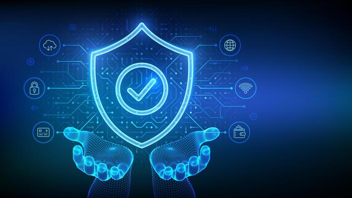 Security shield. Cyber security. Protection shield with Check mark icon in wireframe hands. Cyber data protection. Information privacy idea. Circuit board pattern. PCB printed circuit texture. .