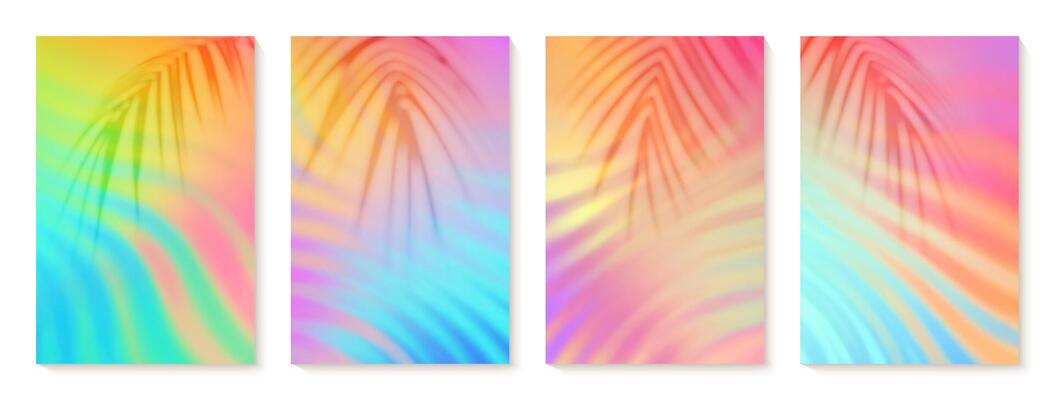 Summer gradient backgrounds set with a palm leaves shadows. Bright colorful summer colors. Sunset and sunrise sky colors. Green, blue, orange, yellow. Great for poster, banner.