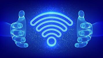 Wi-Fi network. Wi Fi icon in hands. Wlan access, wireless hotspot signal symbol. Mobile connection zone. Router transmission. Circuit board pattern. PCB printed circuit texture. vector