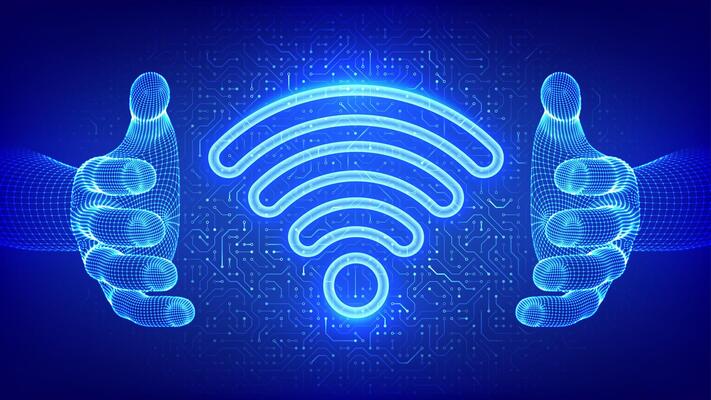 Wi-Fi network. Wi Fi icon in hands. Wlan access, wireless hotspot signal symbol. Mobile connection zone. Router transmission. Circuit board pattern. PCB printed circuit texture.