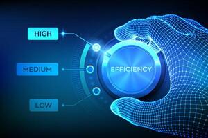 Efficiency levels knob button. Increasing efficiency level. Wireframe hand turning an efficiency test knob to the highest position. Development and business growth concept. illustration. vector