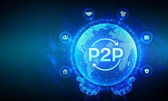 Peer to peer. P2P payment and online model for support or transfer money. Peer-To-Peer technology concept. World map point line composition. Earth planet globe in wireframe hands. illustration. vector