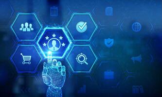 Customer satisfaction. Customer survey and feedback analytics. Using AI and automation technology in marketing for customer service. Wireframe hand touching digital interface. illustration. vector