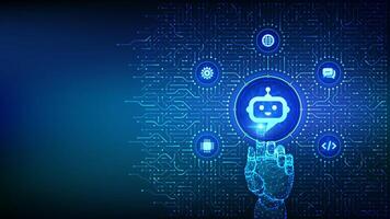 Chatbot. Chatbot assistant app. Smart assistant. AI. Artificial intelligence technology concept. Background with circuit board connections and tech icons. Hand pressing button. vector