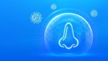 Human nose and respiratory system care. Protection from viruses, dust and allergens. Healthcare. Virus cell. Nose icon inside protection sphere shield with hexagon pattern vector