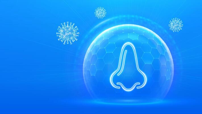 Human nose and respiratory system care. Protection from viruses, dust and allergens. Healthcare. Virus cell. Nose icon inside protection sphere shield with hexagon pattern