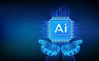 AI chip with the inscription AI Accelerated in wireframe hands. CPU microchip. Concept of artificial intelligence technology. AI accelerated processor chip. Machine learning. illustration. vector