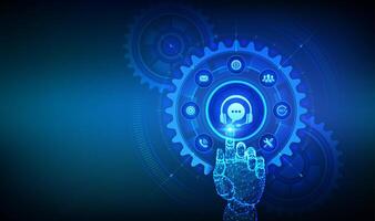 Customer support service technology concept. Technical support, customer service, tech support assistance. Hand touching digital interface with connected gears cogs and icons. vector