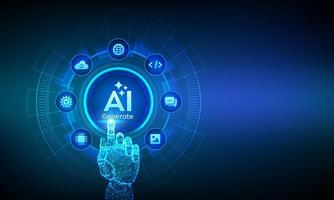 Generate with AI button. Artificial intelligence and Machine learning technology concept. AI enters by command prompt to generate ideas.Closeup finger about to press a Generate AI button vector
