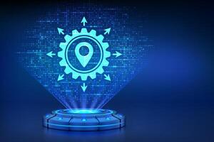 Logistics management. Holographic platform with glowing rays projecting a logistics management icon made of binary code. Smart logistics, transportation. Logistic global network distribution. . vector