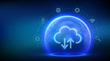 Secure Cloud Storage. Cloud icon inside transparent protection sphere shield with hexagon pattern on blue background. Cloud computing. Database storage, Data center protection vector