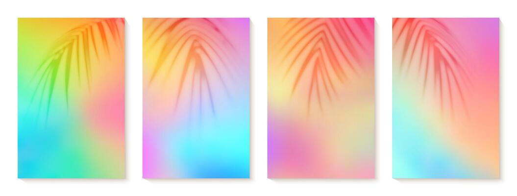 Summer gradient backgrounds set with a palm leaves shadows. Bright colorful summer colors. Sunset and sunrise sky colors. Green, blue, orange, yellow. Great for poster, banner. illustration.