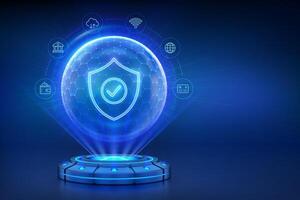 Cyber security. Network safety. Holographic platform with glowing rays forming a projection of a Protection shield with Check mark icon inside sphere shield with hexagon pattern. illustration. vector