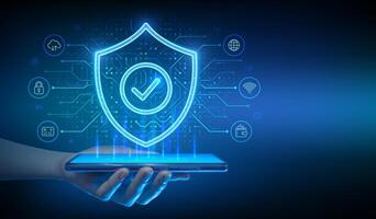 Cyber security app for smartphone protection. Protection shield with Check mark icon. Secure internet connection, vpn, encryption. Personal data protection. Smartphone in hand. illustration. vector