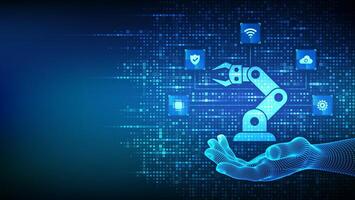 Smart Industry 4.0 icon made with binary code in hand. Factory automation. Autonomous industrial tech icons connections. Industrial revolutions steps. Binary code background with digits 1.0. vector