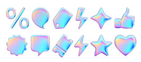 Set Realistic 3d objects for advertising and promotion. Holographic iridescent elements for design of sales and discounts. Percentage symbol. Price tag, coupon, lightning, star. vector