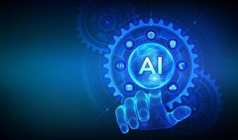 AI. Artificial Intelligence. Machine Learning Concept. Big data. Neural networks. Wavy grid sphere. Wireframe hand touching digital interface with connected gears cogs and icons vector