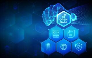 Open data database. Digital file storage system software. Online documentation database technology concept. Integration API. Wireframe hand places an element into a composition visualizing DMS vector