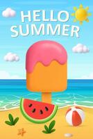 3D Hello Summer Beach Scene with Ice Cream and Watermelon vector