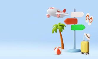 3D Summer Travel Concept with Airplane and Signpost. vector