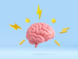 3D Brain with Lightning Bolts and Stars Symbolizing Creativity and Ideas vector