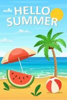 Cartoon Beach Scene with Hello Summer Text vector